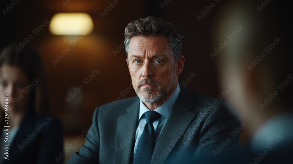 man in suit looks directly at camera during meeting man in suit looks directly at camera during meeting