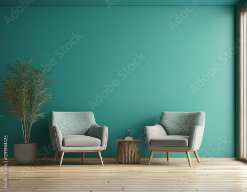 room with teal mint turquoise wall and wooden floor with gray armchairs pastel room interior mockup empty lounge office or reception hall for art canvas 3d render