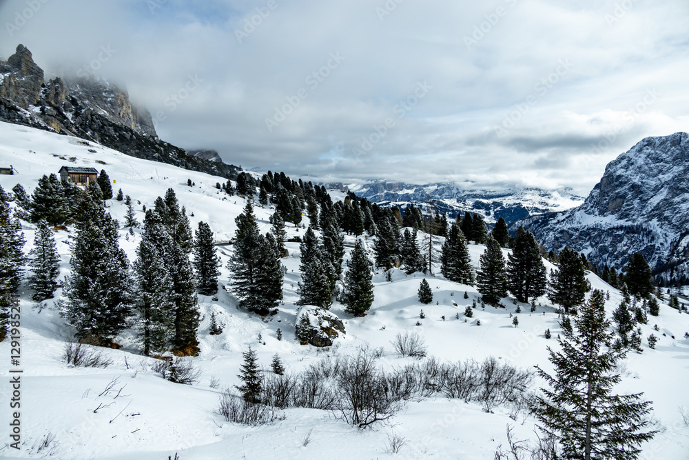 Auf zum Gebirgspass Grödner Joch zwischen Wolkenstein und Corvar - Südtirol - Italien