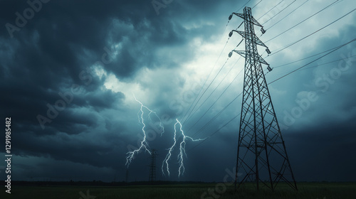 Dramatic storm clouds with lightning striking near power lines, creating intense atmosphere
