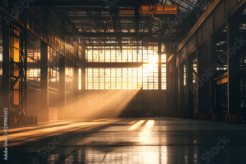 Industrial warehouse bathed in the soft glow of a setting sun, highlighting its massive scale photo