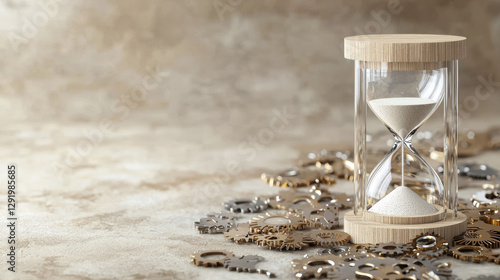 Obraz na plátně hourglass sits atop pile of metallic gears, symbolizing passage of time and inte