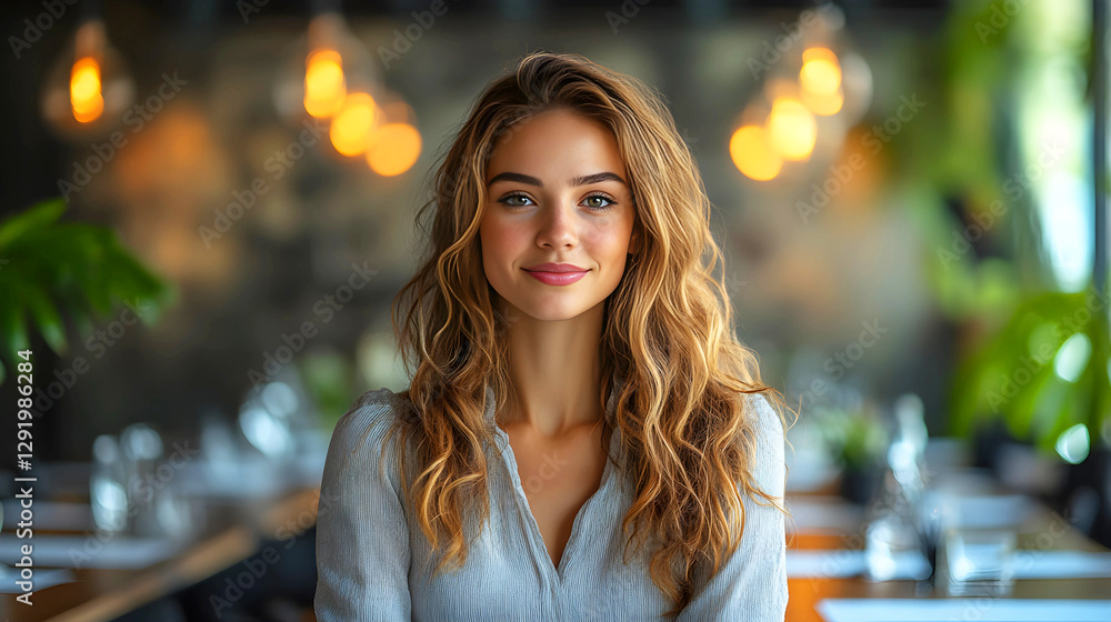 Obraz premium Smiling woman with curly hair works at a laptop