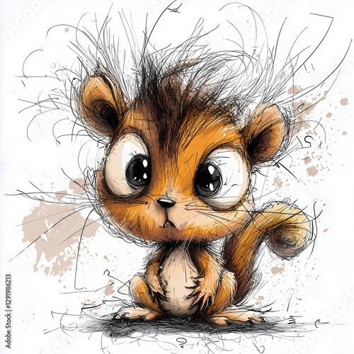 Shaggy doodled cartoon squirrel with oversized eyes on a simple background