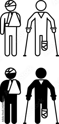 Injury Icons. Black and White Vector Illustration. Man with a Broken Arm and Bandaged Head. Man on Crutches with Leg Injury. Gym and Sports Concept