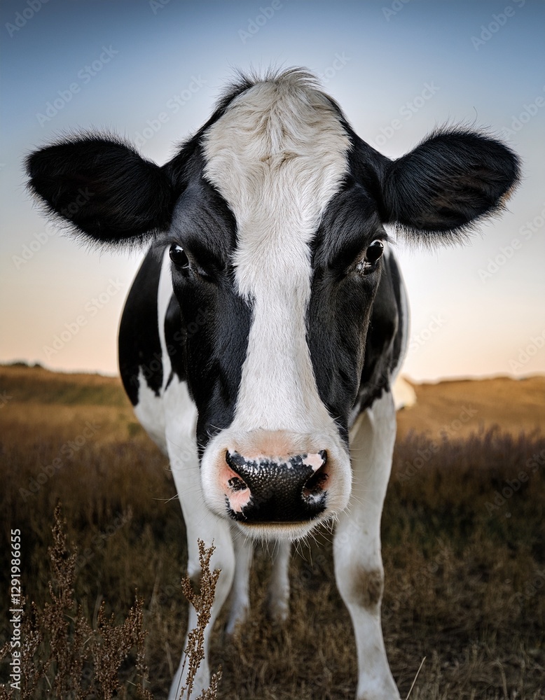 Close-up portrait of the head of a black and white dairy cow.