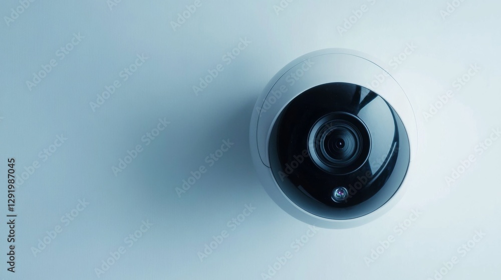 Round security camera on a light blue wall, minimalist technology design. Modern surveillance and safety concept Round security camera on a light blue wall, minimalist technology design. Modern surveillance and safety concept