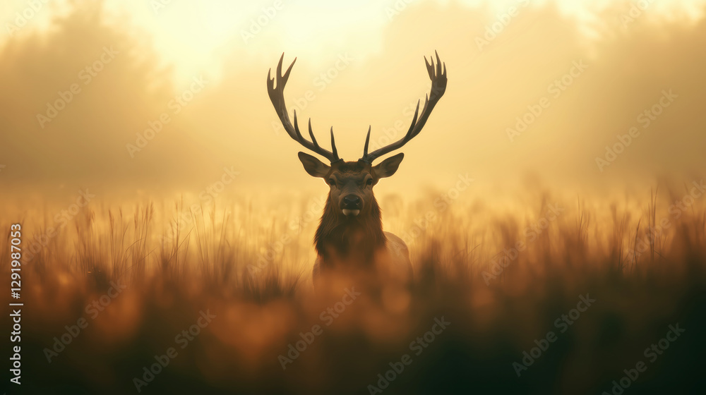Obraz premium Majestic deer standing in foggy meadow nature photography sunrise