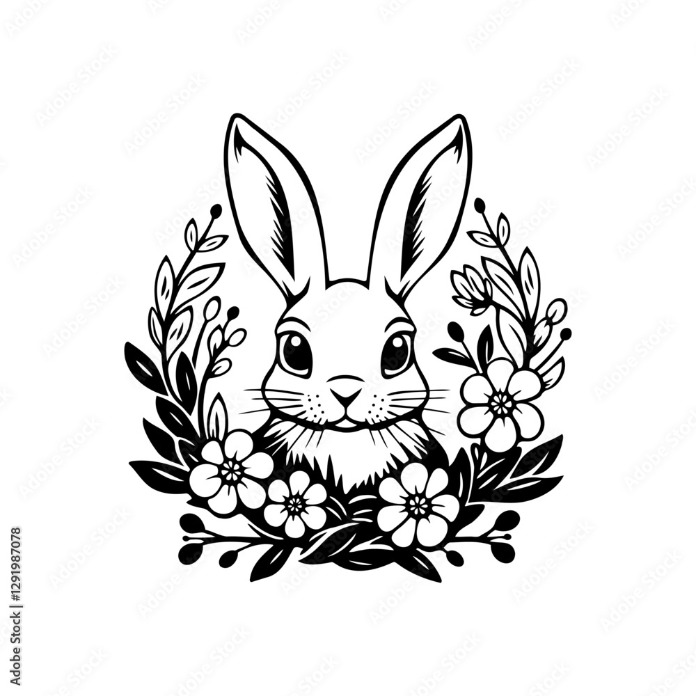 Obraz premium Easter rabbit with flower wreath. Easter bunny. Farm animal. Vector illustration on a white background.