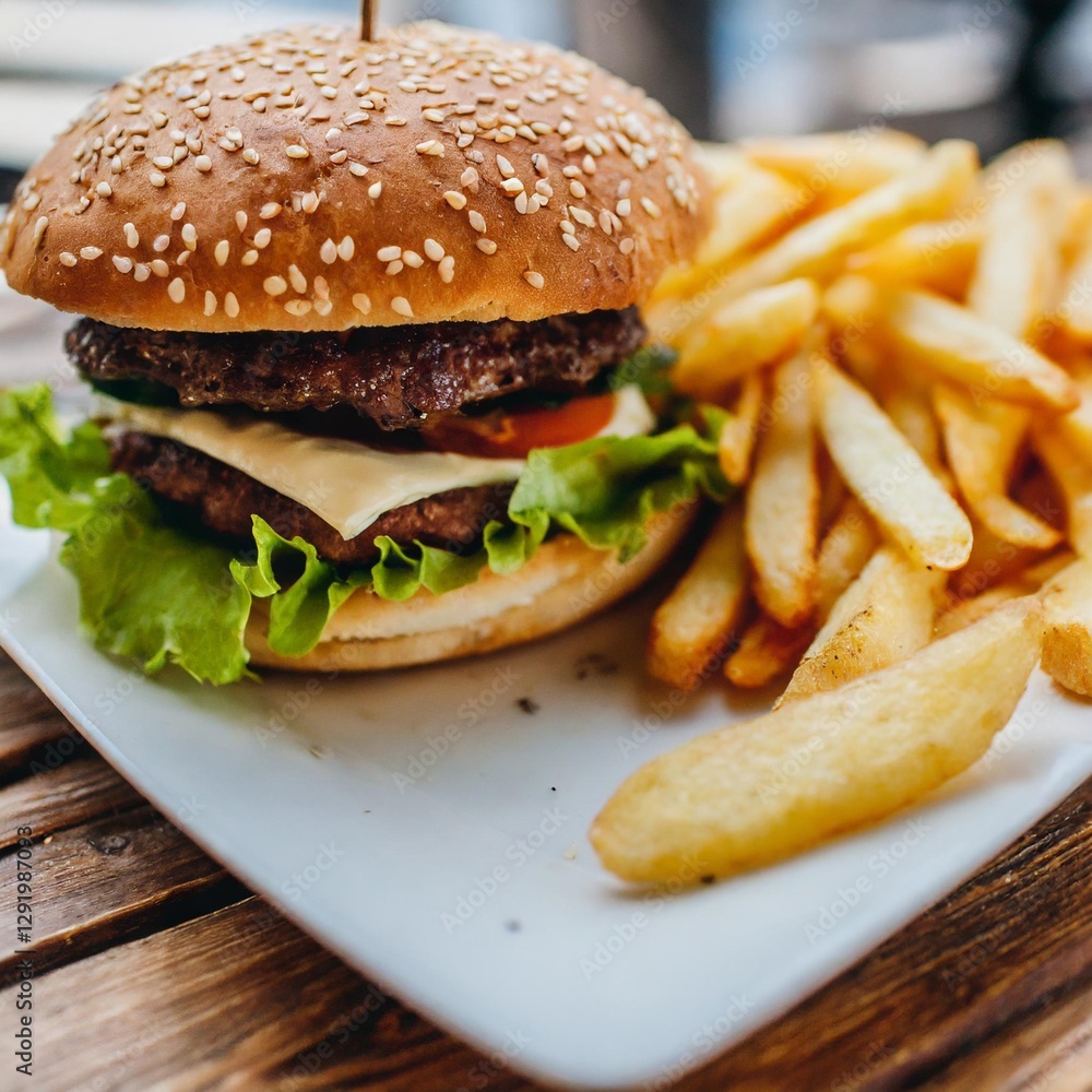 Classic Tasty Burger on a Wooden Table – Burger Menu, Junk Fast Food, French Fries, and the Burger with Meat, Cooking a Burger at Home Classic Tasty Burger on a Wooden Table – Burger Menu, Junk Fast Food, French Fries, and the Burger with Meat, Cooking a Burger at Home