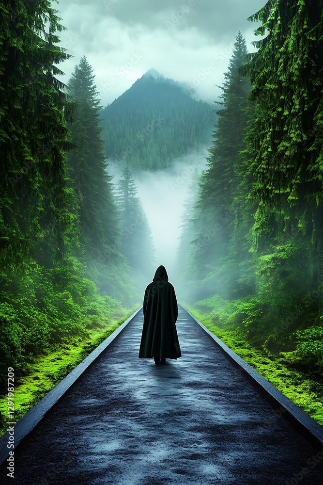 Person walking on road into misty forest, mountain visible, for fantasy book cover Person walking on road into misty forest, mountain visible, for fantasy book cover