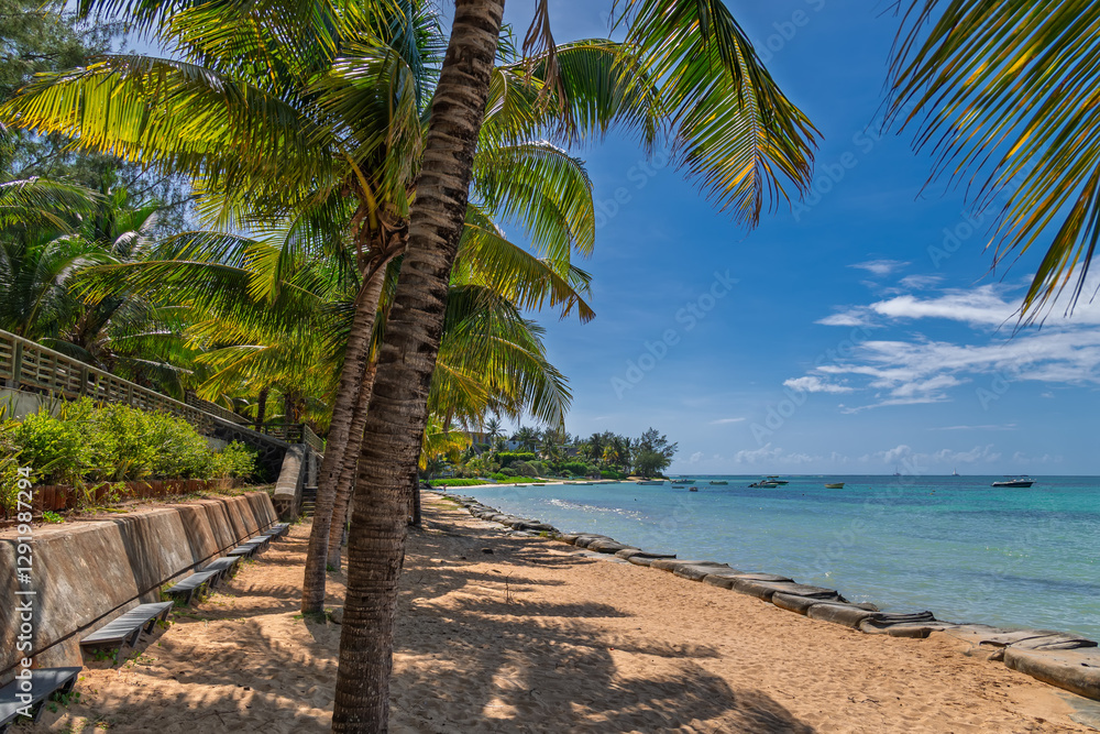 Obraz premium Beachfront bliss: palm trees and turquoise waters. Tropical haven: palm-lined beach with pristine waters and distant boats