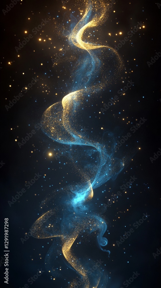 Mystical golden and blue swirling smoke with sparkling particles on dark background. Abstract magic and fantasy concept Mystical golden and blue swirling smoke with sparkling particles on dark background. Abstract magic and fantasy concept