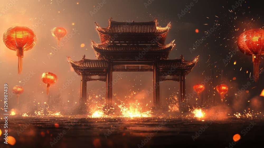 Fototapeta premium Traditional Chinese Archway with Glowing Lanterns at Night