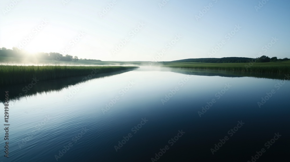 Landscape photograph of a calm lake. the lake is surrounded by tall grass on both sides, creating a peaceful and serene atmosphere. Landscape photograph of a calm lake. the lake is surrounded by tall grass on both sides, creating a peaceful and serene atmosphere.