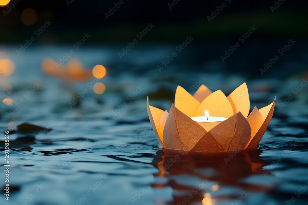 Lotus-Shaped Paper Lantern Floating on Water with a Gentle Candle Glow Lotus-Shaped Paper Lantern Floating on Water with a Gentle Candle Glow