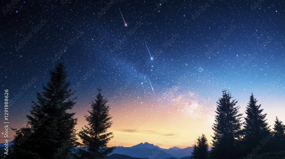 Fototapeta premium breathtaking night sky filled with shooting stars and vibrant galaxy, framed by silhouetted trees