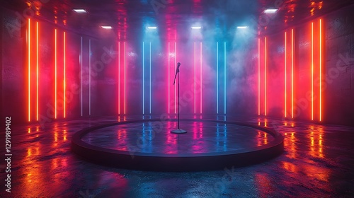 Futuristic stage with glowing neon lights and mist pictures