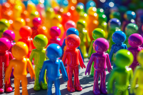 Toy figures in various bright colors stand united in formation, representing creativity and inclusion, with a playful and engaging design ideal for educational campaigns or teamwork promotions photo