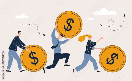 Vector illustration, investment management, profit promotion, coins in motion, career growth to success, business.