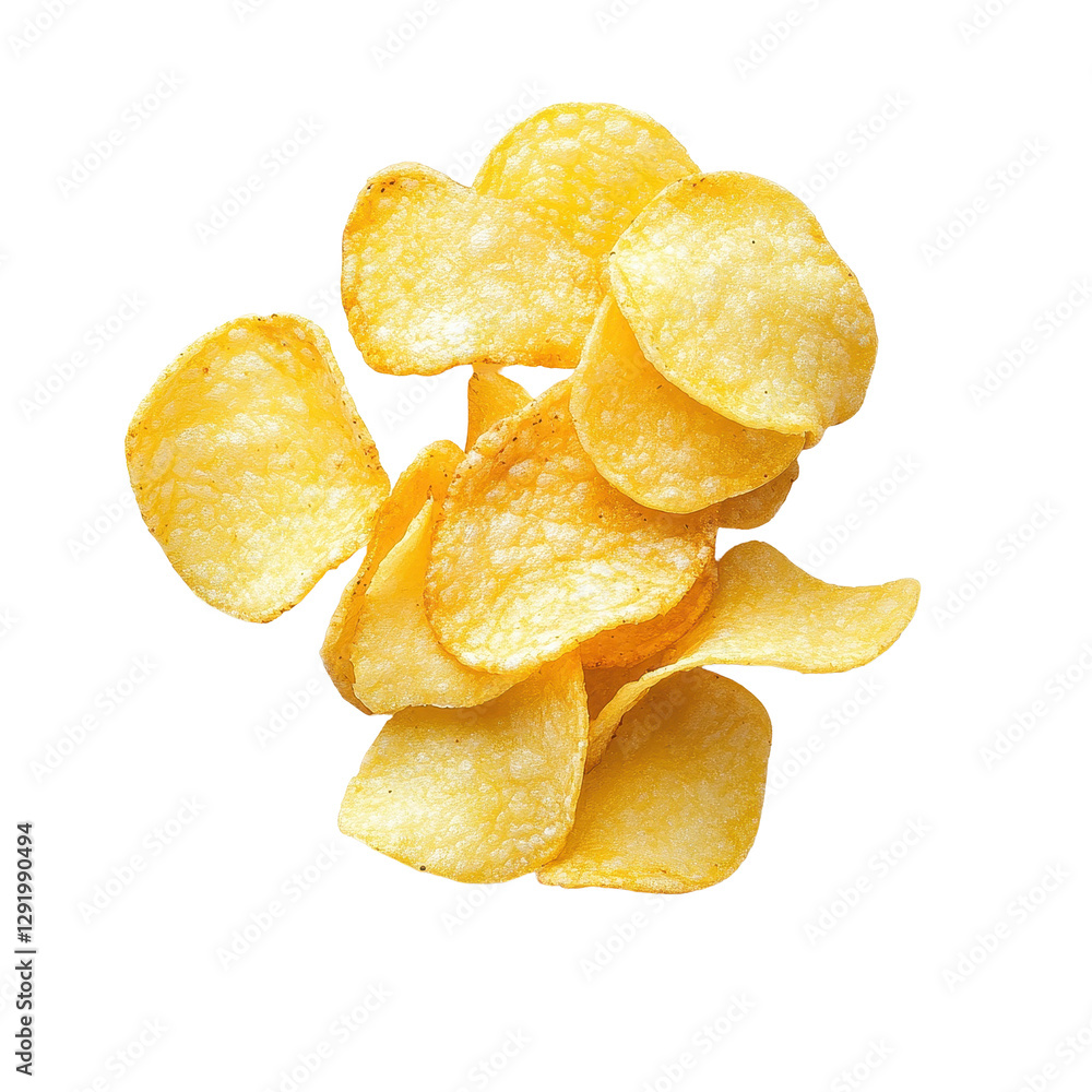 Freshly fried potato chips arranged on a clean Transparent background for snack presentation, Potato Chips Isolated on PNG background Freshly fried potato chips arranged on a clean Transparent background for snack presentation, Potato Chips Isolated on PNG background