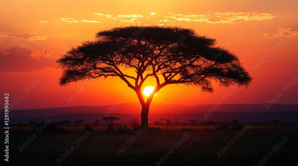 A silhouette of a tree against a fiery sunset sky, with the sun just touching the horizon, creating a dramatic contrast between the dark tree and the bright colors of the sky. A silhouette of a tree against a fiery sunset sky, with the sun just touching the horizon, creating a dramatic contrast between the dark tree and the bright colors of the sky.