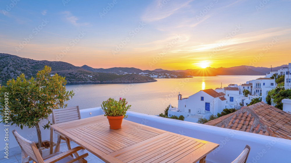 Fototapeta premium Sunset view over tranquil bay with wooden table and potted plant