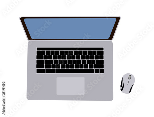 Top view of modern laptop computer with touchpad, keyboard and mouse. Vector realistic illustration Isolate on white background. Layout template, mockup.