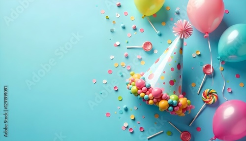 Sombrero de fiesta con caramelos, piruletas, globos y confeti sobre un fondo azul claro, vista superior, disposición plana, espacio de copia