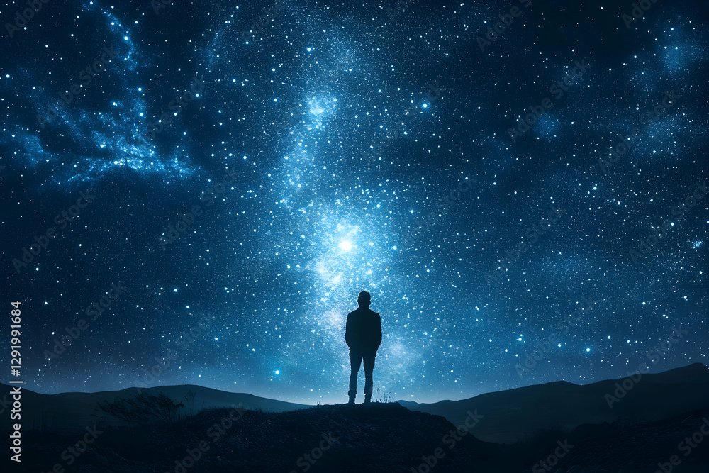 Man gazing at celestial alignment under a vast starry sky, immersed in cosmic wonder Man gazing at celestial alignment under a vast starry sky, immersed in cosmic wonder