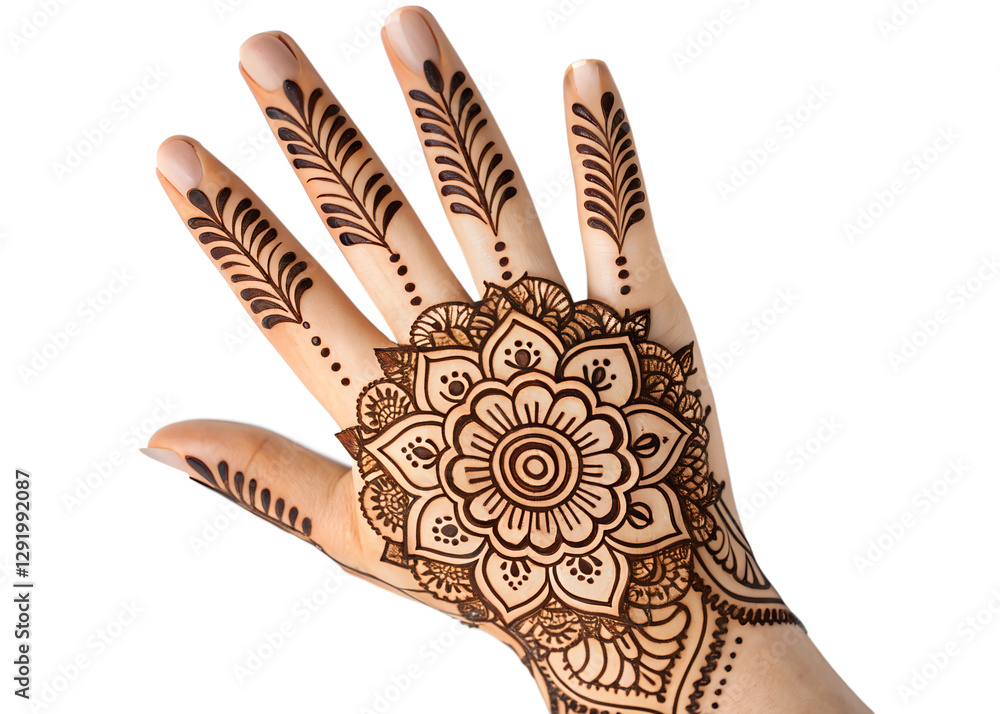 Obraz premium Detailed henna design on a hand with floral pattern, elegant henna on hand, Cut Out