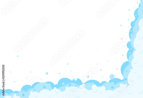 Foam bubbles frame. Cartoon bubbles of shampoo, bubble bath.   Soap border.   Cleaning and laundry products, beer, sea .  Bathroom laundry and hygiene concept. Vector background of washing