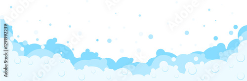Foam bubbles frame. Cartoon bubbles of shampoo, bubble bath.   Soap border.   Cleaning and washing products .  Bathroom laundry and hygiene concept. Vector background