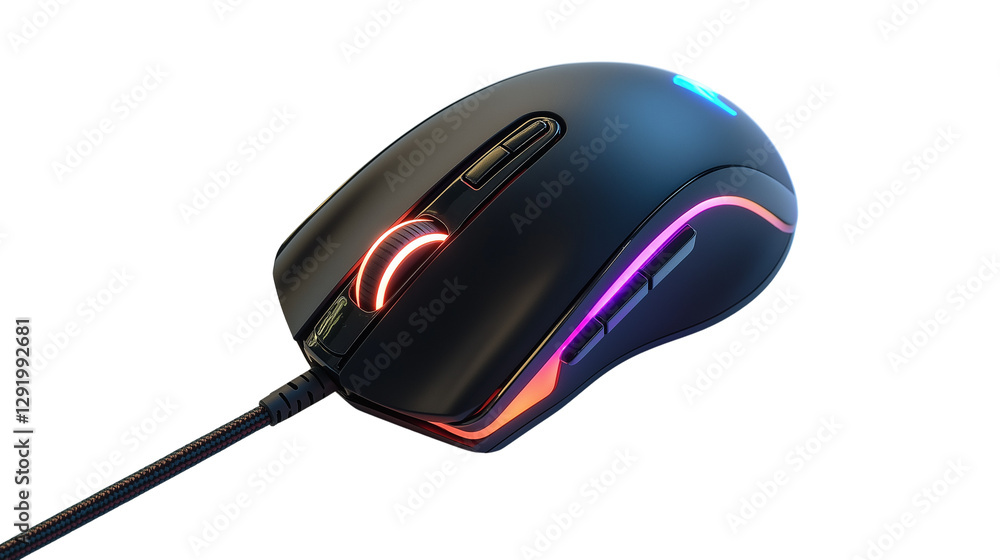 Sleek black gaming mouse with RGB lighting, high-performance accessory, isolated on a white background Sleek black gaming mouse with RGB lighting, high-performance accessory, isolated on a white background