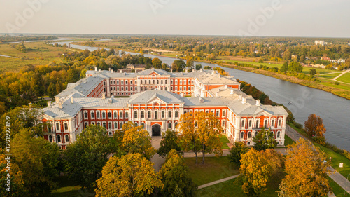 Aerial photo from drone to the city of Jelgava, Zemgale Palace in LLU Latvia. The largest baroque castle in the Baltics, located on the banks of the Rielpe River. Latvia, Jelgava, Zemgale