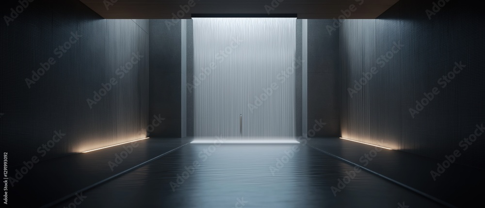 Empty hallway with a long, narrow corridor. the walls on either side of the corridor are made of dark grey tiles, and the floor is made of concrete. Empty hallway with a long, narrow corridor. the walls on either side of the corridor are made of dark grey tiles, and the floor is made of concrete.