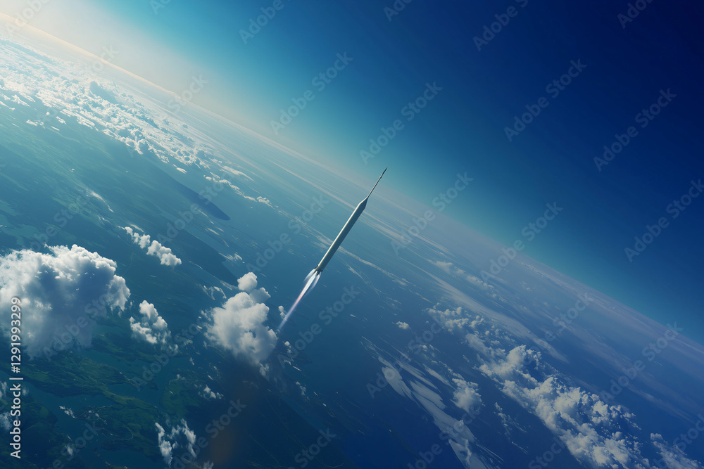 Fototapeta premium Rocket Ascending to Space: A sleek rocket streaks towards the dark expanse of space, leaving behind a trail of smoke as it pierces the atmosphere.