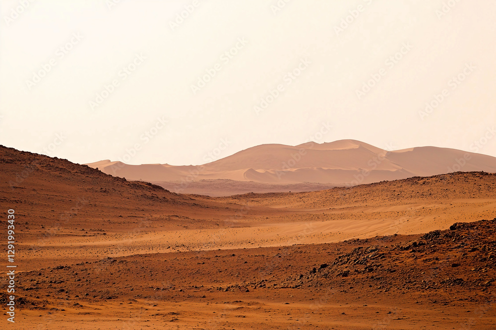 Naklejka premium Desert Landscape: A vast expanse of arid terrain stretches towards distant mountains under a hazy sky, evoking a sense of solitude and the raw beauty of the natural world.