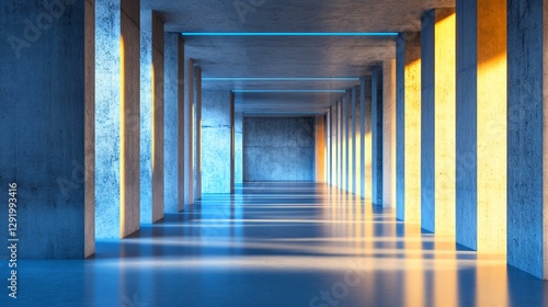 Wallpaper Mural Concrete corridor, blue and gold light, sunset, futuristic architecture, presentation background Torontodigital.ca