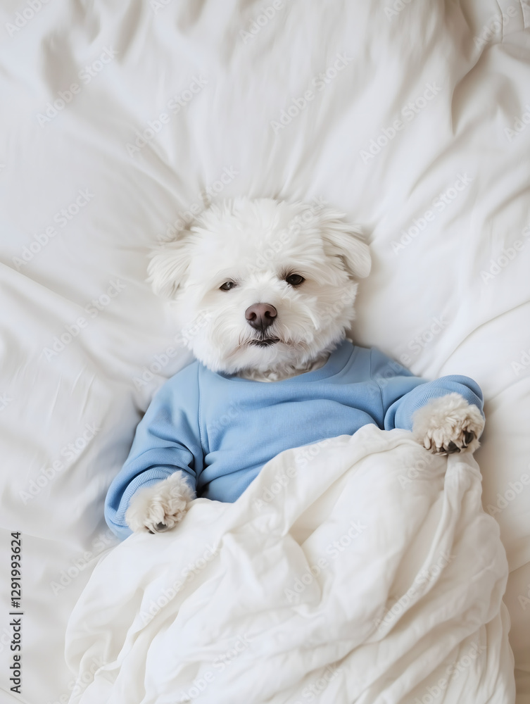 A Cozy White Dog Sleeping Peacefully in a Bed with a Blue Sweater A Cozy White Dog Sleeping Peacefully in a Bed with a Blue Sweater