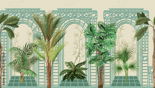 Border with architectural arch, portal and tropic trees. Vector.