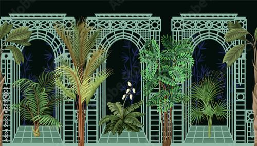 Border with architectural arch, portal and tropic trees. Vector.