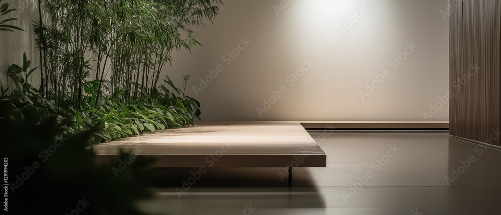 Fototapeta premium Modern and minimalist interior space with a wooden bench in the center. the bench is made of light-colored wood and is placed on a tiled floor.