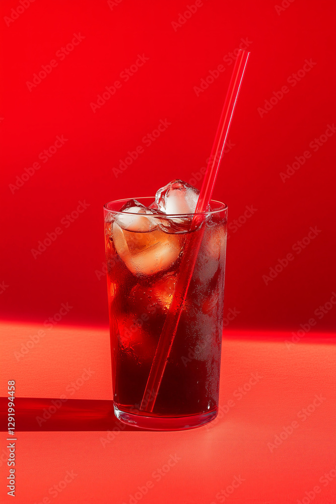 Cold refreshing glass of sparkling cola lemonade drink with ice cubes straw against vibrant red background. Summer holiday refreshment concept. Cold refreshing glass of sparkling cola lemonade drink with ice cubes straw against vibrant red background. Summer holiday refreshment concept.
