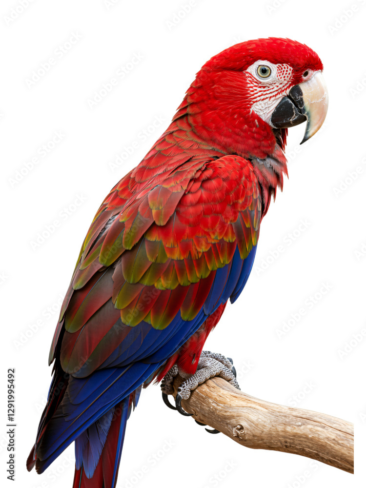 Fototapeta premium Vibrant Red Parrot on a Perch transparent png background