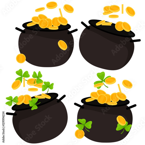 A set of round cauldrons with tossed gold coins and shamrocks