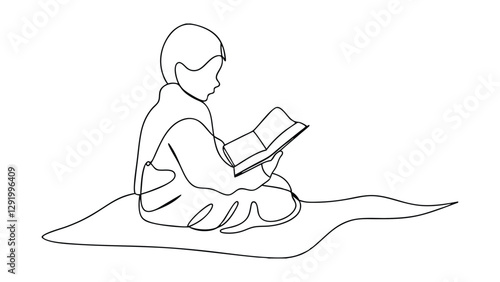 Child engrossed in reading a book, singleline art