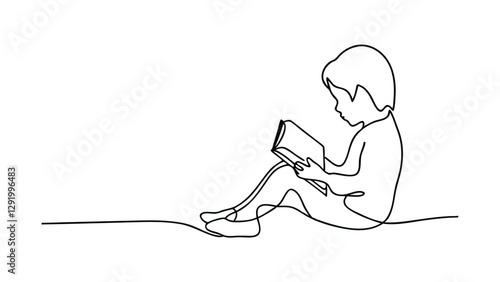 A singleline drawing depicts a young child sitting, engrossed in reading a book. The Childs focus and concentration are evident in the simple yet expressive illustration. The image promotes literacy a