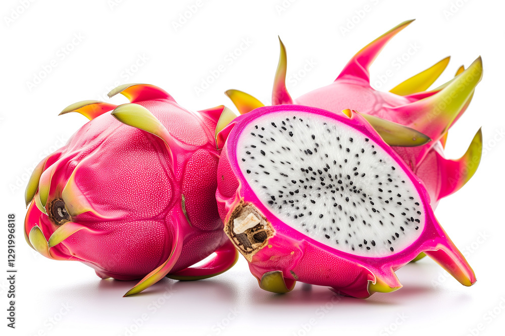 A whole dragon fruit and two slices, showing its vibrant pink exterior and white flesh with black seeds. A whole dragon fruit and two slices, showing its vibrant pink exterior and white flesh with black seeds.