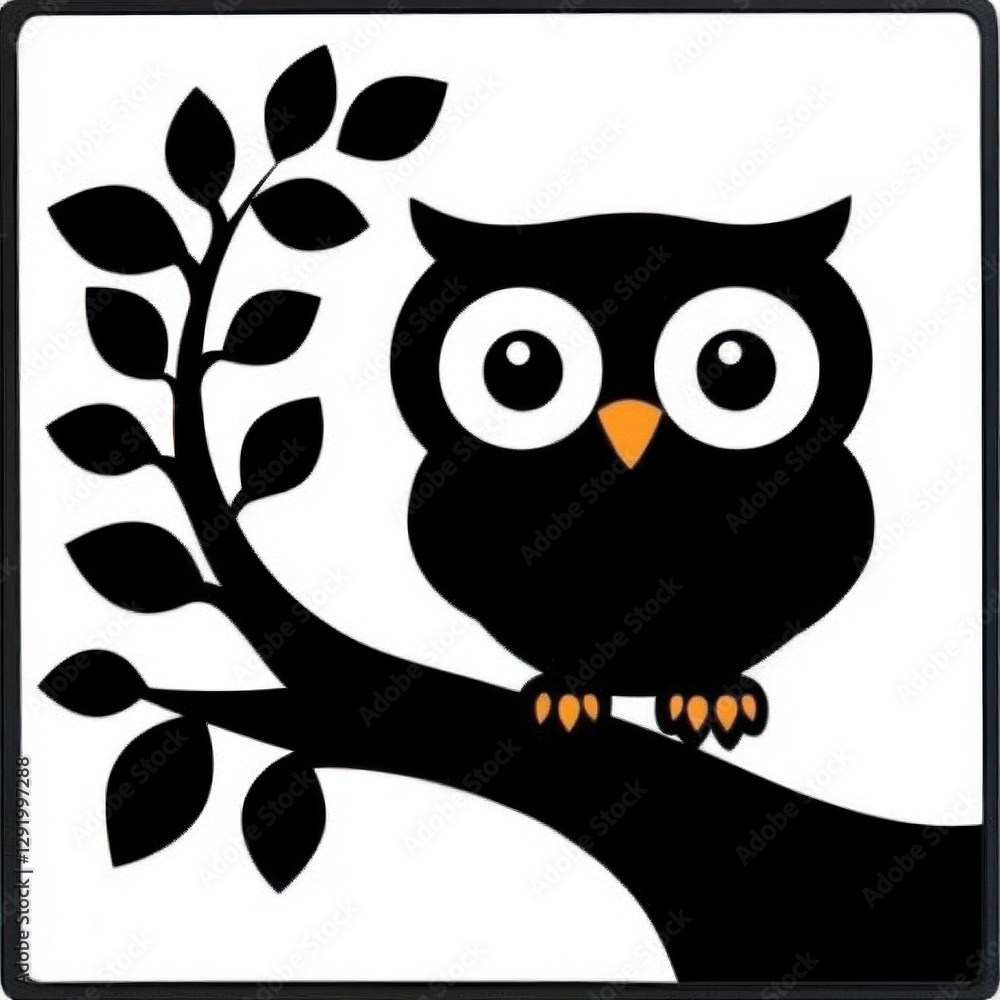 Fototapeta premium Adorable cartoon owl illustration on tree branch isolated design whimsical style nature environment